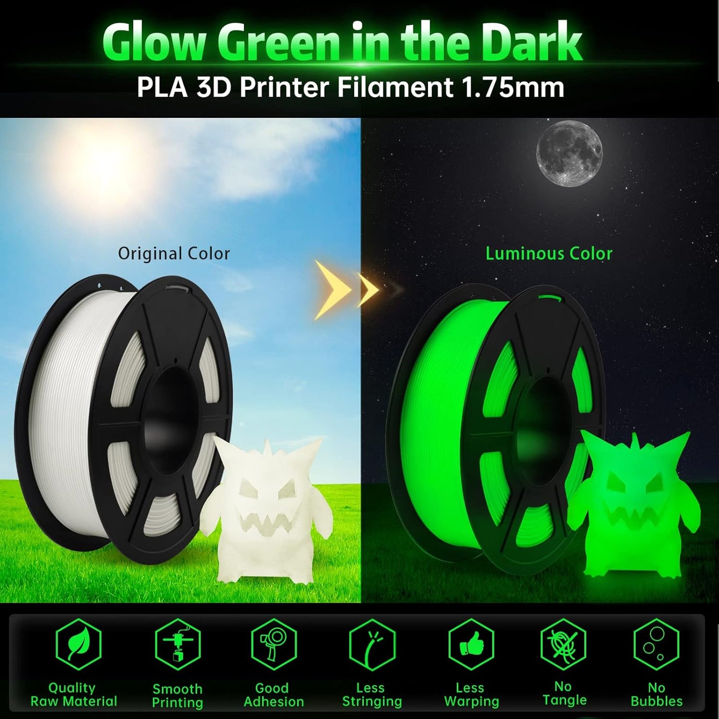 Sunlu - Glow in the Dark - 1 kg 1,75 mm - White to Green (Helendav Valge/Roheline)