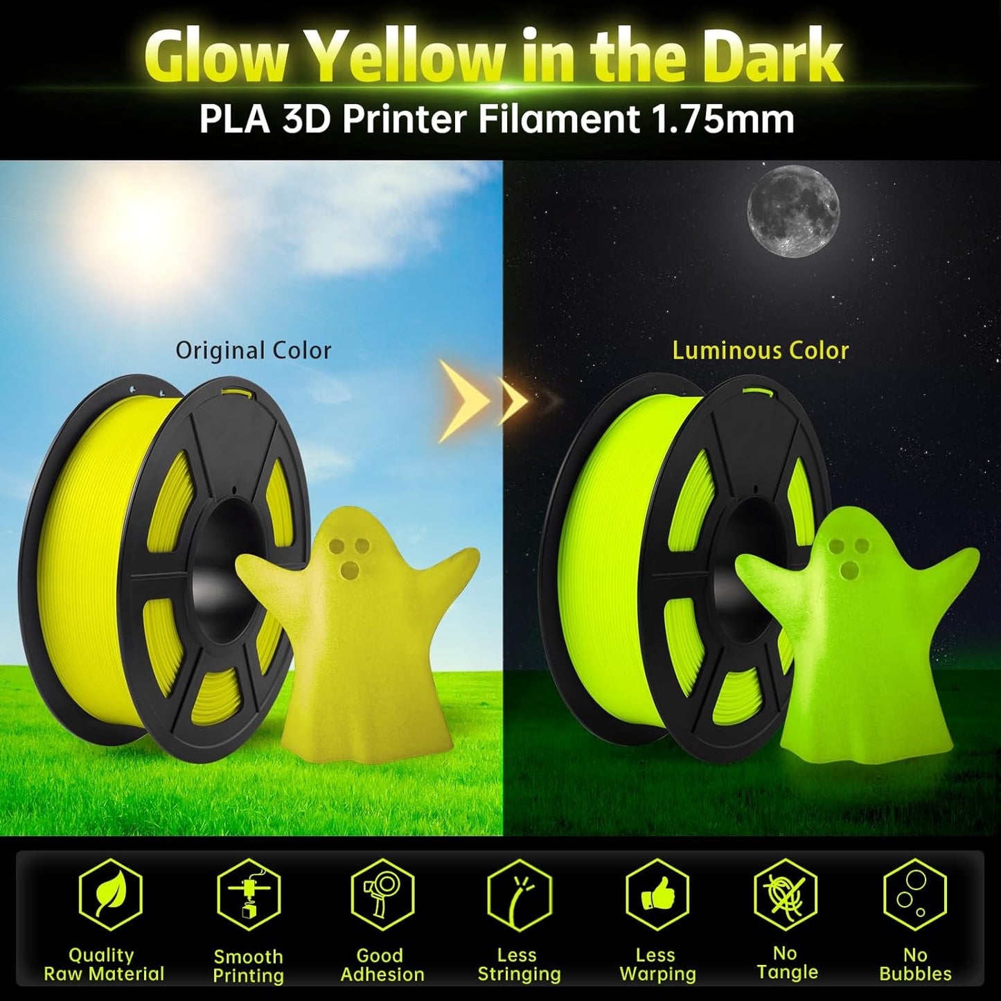 Sunlu - Glow in the Dark - 1 kg 1,75 mm - Yellow (Helendav Kollane)